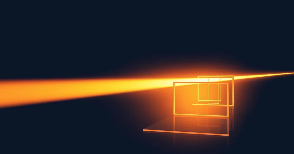 Ilustración abstracta: un haz de luz ámbar que atraviesa una serie de marcos cuadrados.