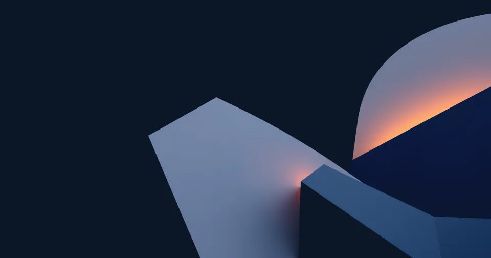 Ilustración abstracta: planos geométricos claros y azul marino que encajan, con un brillo ámbar en las juntas.