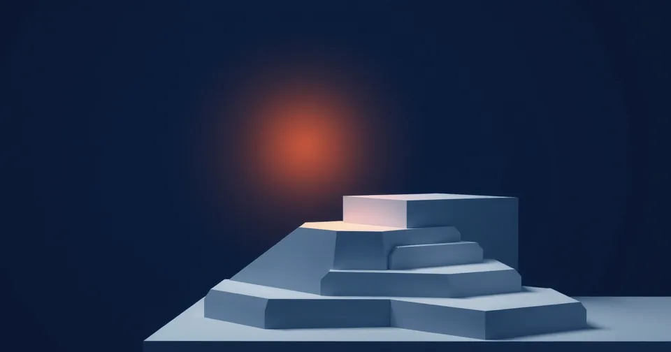 Ilustración abstracta: plataformas escalonadas con una pequeña luz ámbar en la más alta.