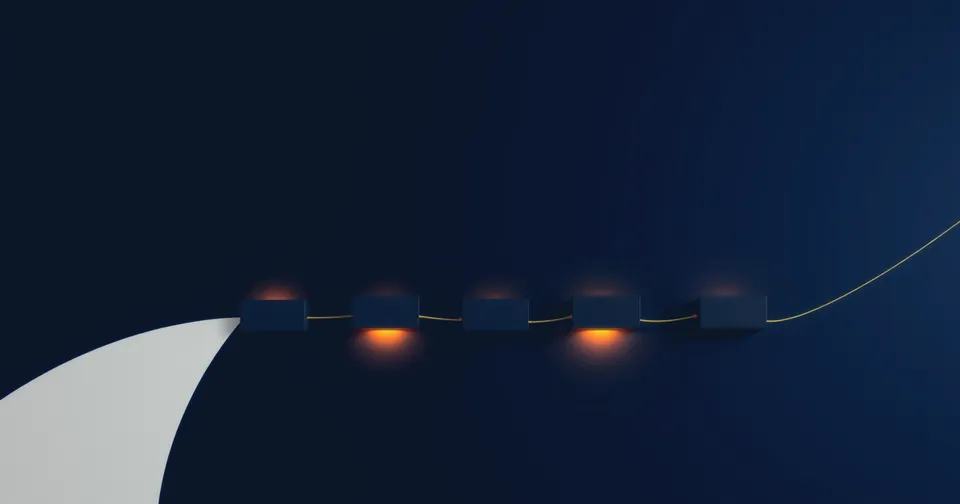 Ilustración abstracta: una cadena de bloques en arco unidos por enlaces de luz ámbar.