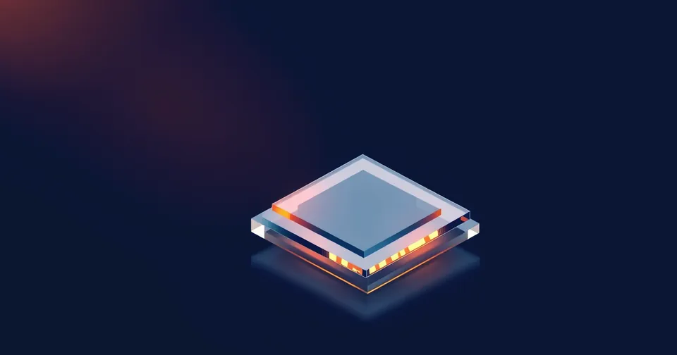 Ilustración abstracta: capas finas de vidrio apiladas como un chip, con un núcleo ámbar sobre fondo azul marino.