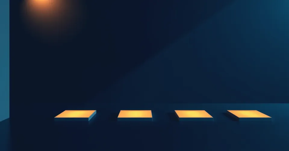 Ilustración abstracta: una fila de baldosas cuadradas iluminadas en ámbar sobre un suelo azul marino.