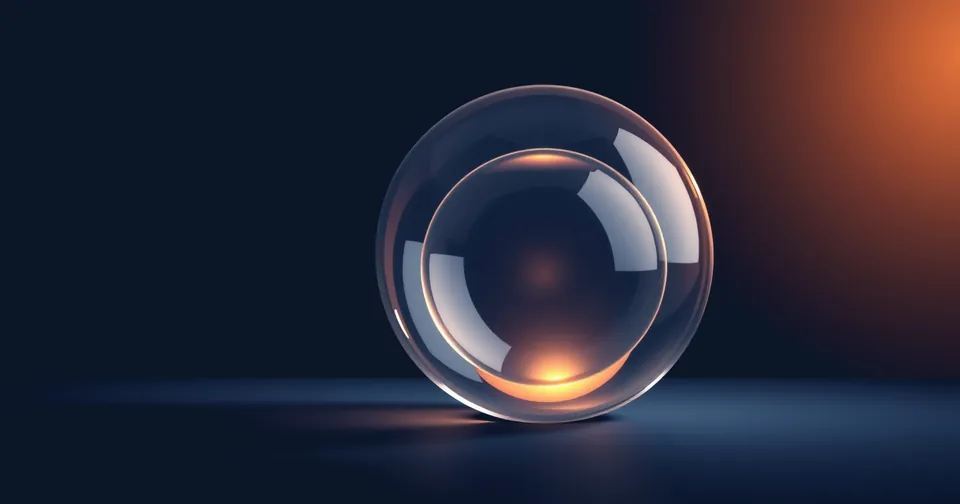 Ilustración abstracta: esferas de vidrio anidadas con una luz ámbar en el centro.
