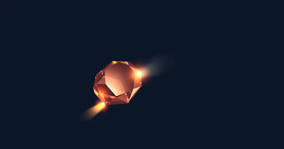 Ilustración abstracta: un poliedro de cristal que refracta un haz de luz ámbar en rayos blancos.