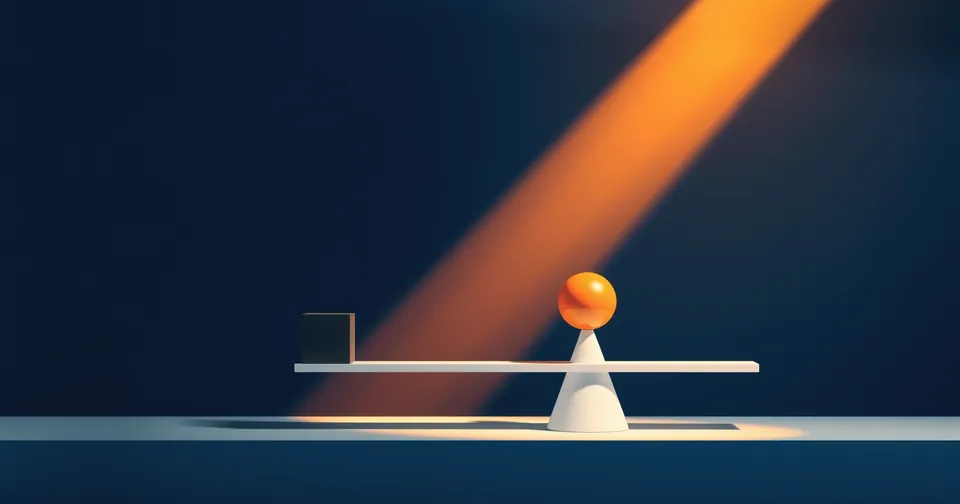 Ilustración abstracta: una balanza mínima con un cubo azul marino y una esfera ámbar.